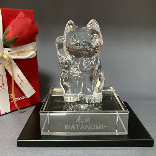 バカラ招き猫 ガラス台座名入れ サイズ大 綿の実工房
