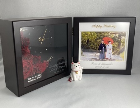 フラワー時計&フラワーフォトフレーム名入れ プリザーブドフラワー 招き猫おみくじ付