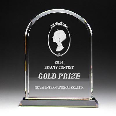 DP-6 クリスタル盾 楯 名入れ記念品 オリジナル 木製の飾り台付 綿の実工房