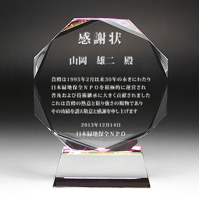 DP-9 クリスタル盾 楯 名入れ記念品 オリジナル 木製の飾り台付 綿の実工房