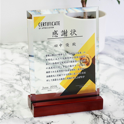 DSP-2 ガラス盾 楯 名入れ記念品 オリジナル 木製の飾り台付 綿の実工房