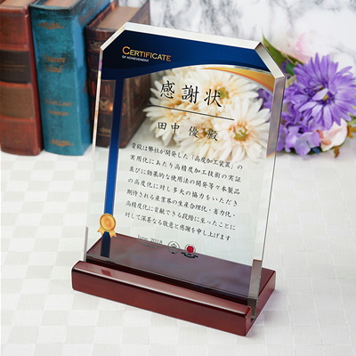 DSP-3 ガラス盾 楯 名入れ記念品 オリジナル 木製の飾り台付 綿の実工房